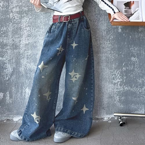 Viatabuna Baggy Jeans for Girls Elastic Waisted Y2k Star Wide Leg Denim Pants Kids Cute Pull On Jeans with Pockets 5-4 Years3