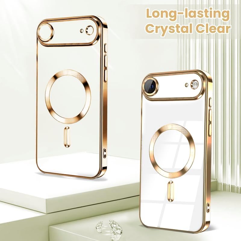 Image of VONZEE Electroplating Transparent Clear Logo Back Cover TPU Compatible with iPhone 17 Air Case, Compatible with Magsafe, Full Body & Individual Camera Protection for Each Lens for Men & Women (Gold)