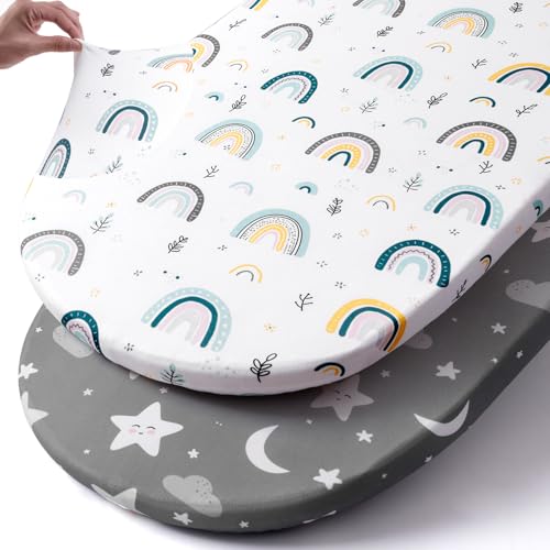 Image of Stretch Fitted Bassinet Sheet Set BROLEX 2 Pack Cradle Sheets for Bassinet Pad/Mattress,Unisex Boys Girls,Ultra Soft,Rainbow Stars
