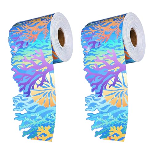 ifundom 2 Rollos Borde Adhesivo Papel Recubierto Resistente al Agua, Fácil Instalación Diseño de Coral y Corte Libre para Tablón de Anuncios para en Aulas y Fiestas