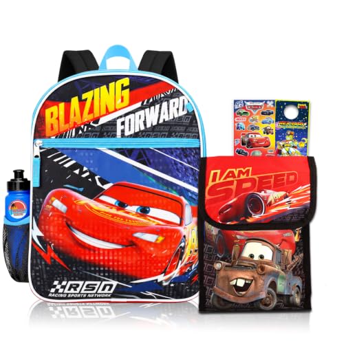 Fast Forward Disney Mochila Carros com Lancheira – Pacote com Mochila Carros, Lancheira Relâmpago McQueen, adesivos, chaveiro, Mais | Mochila de carros para crianças de 3 a 5 anos