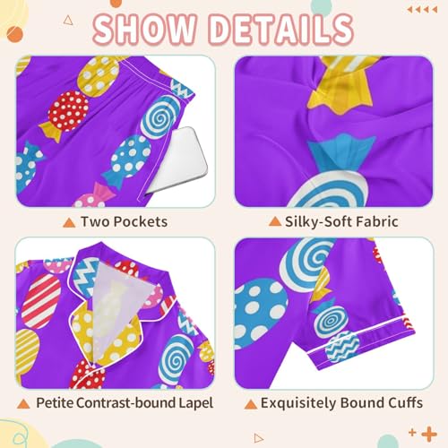 Satin Pajama Sets Short Sleeve Candy Bright Colorful Button Down Silky Nightwear 2 Piece PJS 5-14Y4