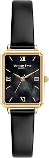 Victoria Hyde Black Leather Square Women's Watch - Elegant Gold Face Quartz, Slim 7.2mm Case
