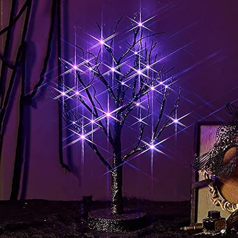 Hairui Pre lit Halloween Tree with Timer Battery Operated and USB Plug in, Lighted Black Glittered Tabletop Tree with Purple Lights 24L 18IN for Indoor Home Halloween and Party Decoration Cover