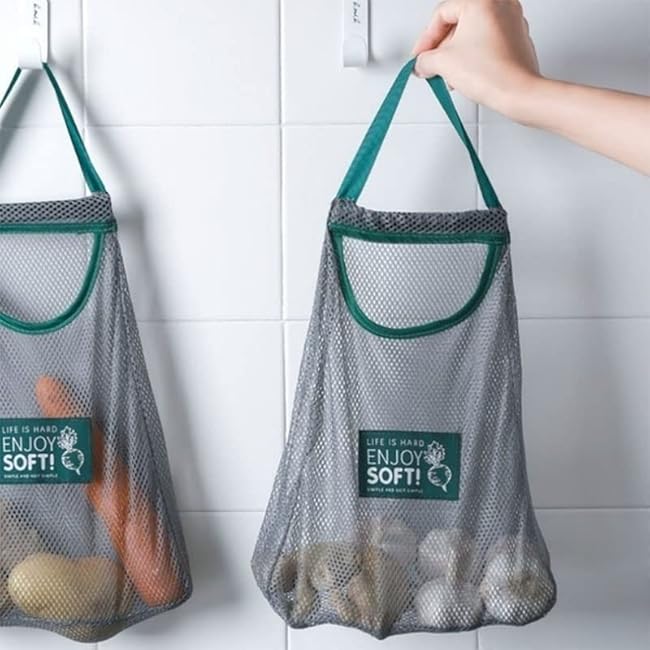 Acxico 2Pcs Large Capacity Storage Hanging Bag Kitchen Organize Mesh Pouch Kitchen Fruit and Vegetable Storage Bag