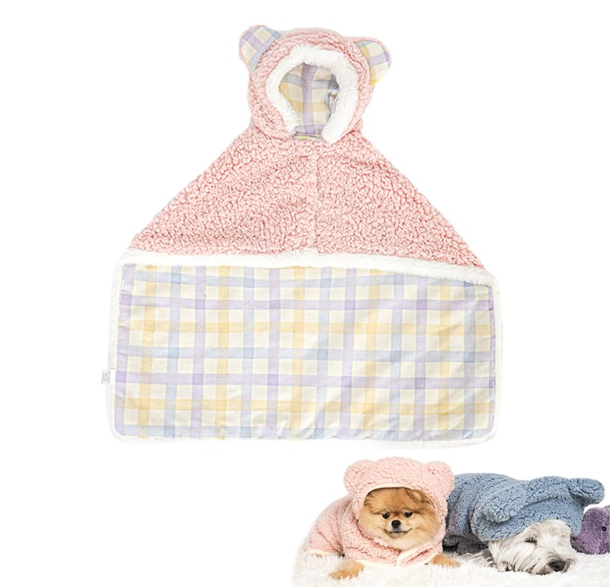 Teddy Bear Pet Cape Blanket with Hood, Polar Fleece Dog Cape Blanket Costume, Winter Dog Cape Blanketfor Dogs Cats (Pink + Plaid, M: (within about 15-33 pounds))