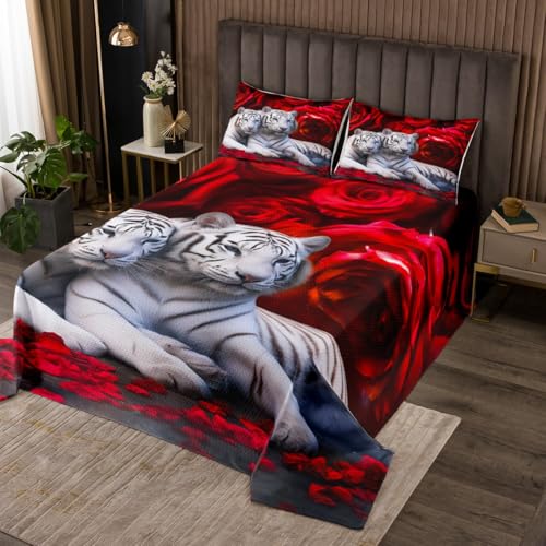 Tiger Bedspread Set King Size,Red Rose Flower Bedspread Quilt Set for Boys Girls,African Safari Animals Coverlet Set,Big Cat Wild Animal Skin Quilt Set,Romantic Garden Floral Bedroom Decor