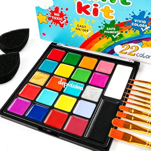 Face Body Paint Kit 22 Colors Face Painting Palette Depvision Oil Based Face Paint Set Non Toxic Hypoallergenic with 10 pcs Brushes 2 pcs sponges Halloween SFX Cosplay Party Costume Makeup