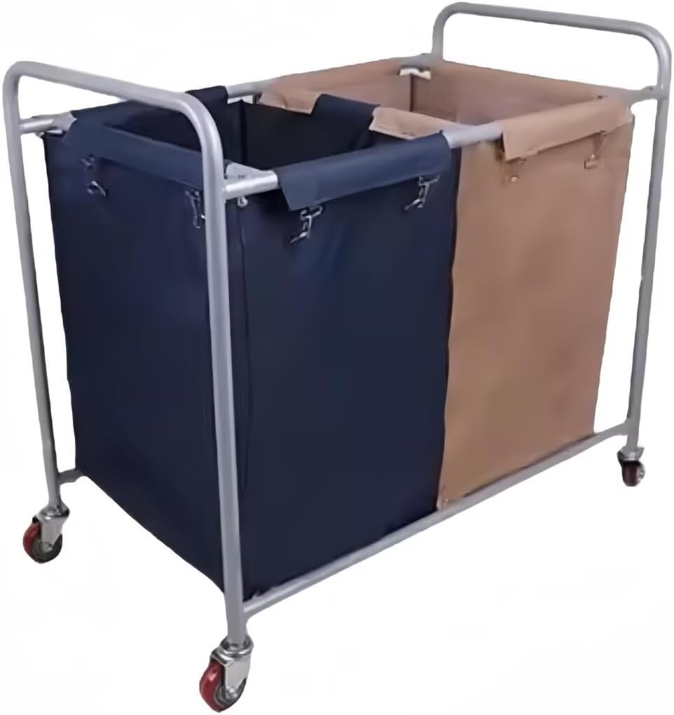 PANCY リネンカート サービスカート 業務用 ランドリー リネンワゴン ホテル用 約400L 大容量 ブレーキホイール付き 付布袋 ホテル清掃台車 業務洗濯物用かご 大型分別カート 学校 病院 工場 ハンドトラック ファブリックバッグ取り外し可能 洗濯可（パイプ4本型 ブラウン+ブルー）