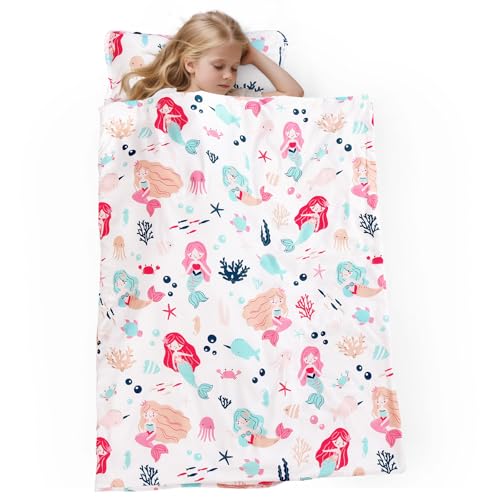 Image of PHF Soft Toddler Nap Mat with Removable Pillow, Rollup Design Kids Sleeping Mat, Slumber Bags for Girls, 50 inchx20 inch Toddler Sleeping Bag for Daycare Preschool Travel Camping, Mermaid