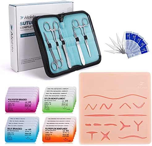 Alcedo Suture Practice Kit for Medical Students, Complete Kit (32 Pieces) Include Extra Large Suturing Pad with Pre-Cut Wounds, Tools Kit, and Suture Threads, Perfect for Demonstration and Education