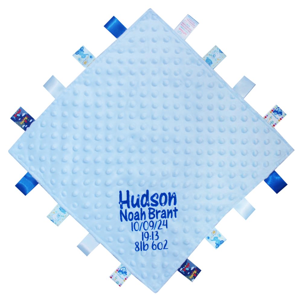 TeddyT's Personalised Baby Name, Date & Weight Star Embroidered Taggy Blanket Comforter