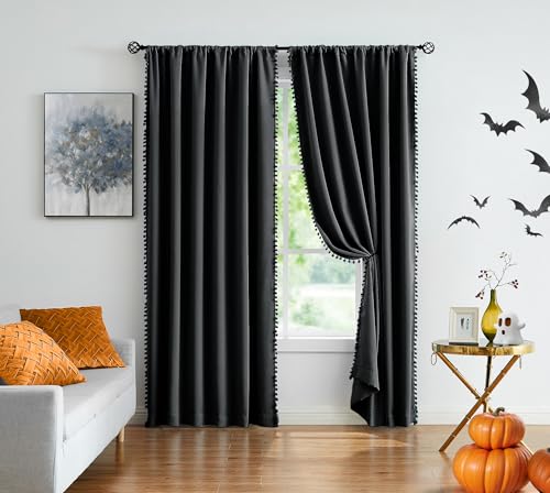 Image of Treatmentex Pompom Blackout Curtains Bedroom Black 84 inch Length Windows Drapes Triple Weave Thermal Insulated Curtain Panels for Nursery Room Studio Hotel 52 inch w x2 Panels Rod Pocket
