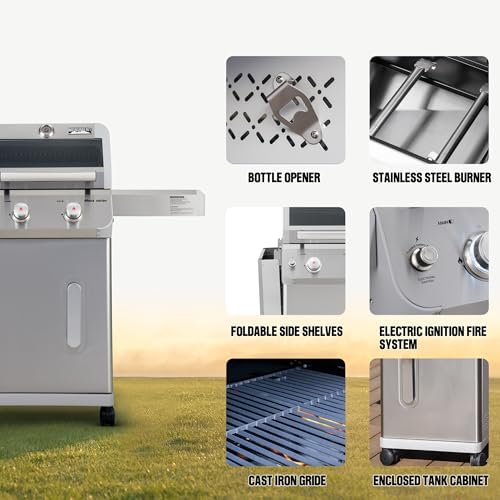 Monument Grills 2-Burner Stainless Steel Liquid Propane Gas Grill, Two Foldable Shelves Patio Garden Barbecue Grill with Clearview Lid, Knob Control Mesa200S - Thumbnail 4