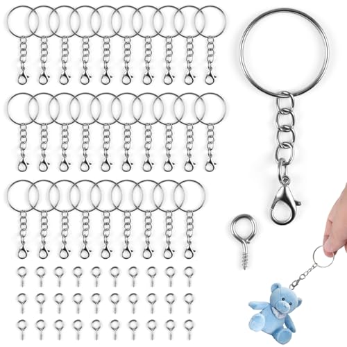 60 Pièces Attache Porte Cléf, Anneau Porte Clé avec Chaîne, 25 mm Anneaux Porte Clé Loisir Créatif Kit Porte Clé à Fabriquer pour DIY Bricolage Bijoux (Argent)
