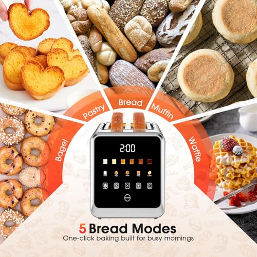 Touch Screen Toaster 2-Slice with 1.5" Wide Slots & Memory Recall | 900W Stainless Steel Smart Digital Toasters | 6 Shade Settings for Bagels & Thick Bread