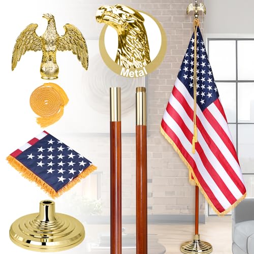 XIFAN Deluxe 8 FT Indoor American Flag and Pole Set - Solid Oak Pole, Metal Eagle Topper, Gold Fringed US Flag, Base Stand, Cord Tassel, for Lobby, Office, Auditorium, Conference Room - 8.6 FT Total