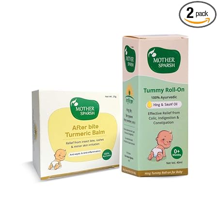 Mother Sparsh Tummy Roll On for Baby, Colic Relief and Digestion, 100% Ayurvedic, Hing & Saunf, 40ml + After Bite Turmeric Balm for Rashes and Mosquito Bites, 100% Ayurvedic-25grm