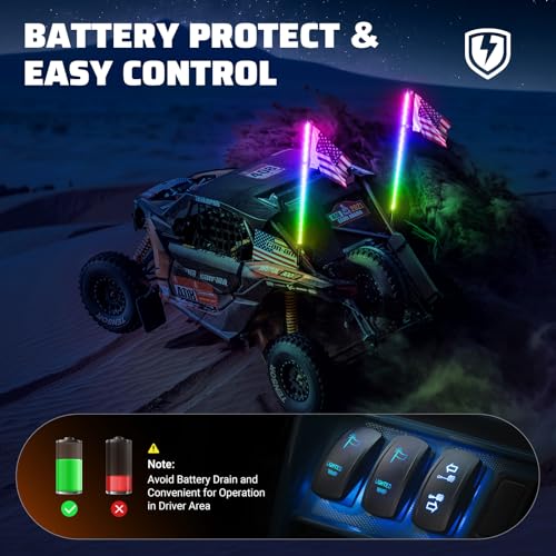 Image of Ehaho 1 PC 2FT Whip Lights with Spring Base, APP & Remote Control Led Whip Lights for Side by Side, Spiral RGB Chasing Lighted Whips with Rocker Switch, Music Led Whips for UTV ATV RZR SXS Can-Am