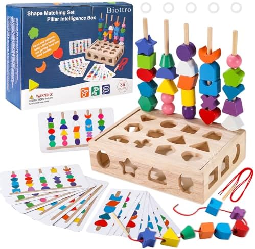 4-in-1 Montessori Toys, Shape Sorter & Stacking Toys & Shape Color Matching Game & Lacing Beads Wooden Preschool Educational Learning Toys for Toddlers Kids Boys Girls 3+ Years Old