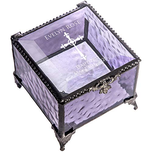 Baptism Gift for Girls Personalized Keepsake Box Purple Stained Glass Engraved Cross Jewelry J Devlin Box 836 EB222