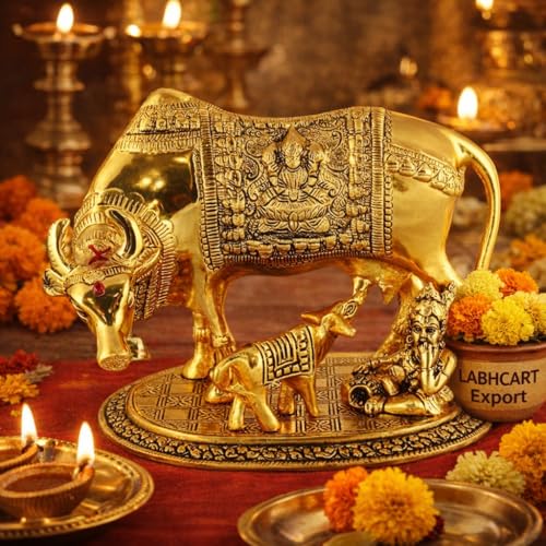 Image of Sheela Handcrafted Brass Golden Kamdhenu Cow with Calf, Vastu Gau MATA Idol, Spiritual Vastu Nandi Pooja Figurine Sculpture, Kamdhenu Cow & Calf Idol for Home and Office