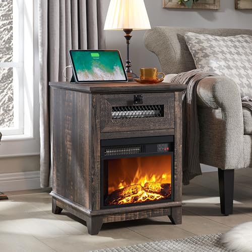Nightstand with 13'' Electric Fireplace Heater & Charging Station, OKD 18'' Farmhouse Fireplace End Table w/Drawer, 800W Space Heater, Rustic Sofa Side Table for Bedroom, Living Room, Dark Rustic Oak