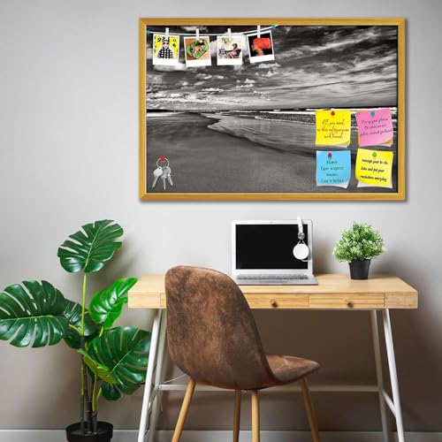 Image of ArtzFolio Sea, Air, & Land Monochrome Contrast | Bulletin Board Notice Pin Board | Vision Soft Board Combo with Thumb Push Pins & Sticky Notes | Golden Frame | 23.5 x 16 inch (60 x 41 cms)