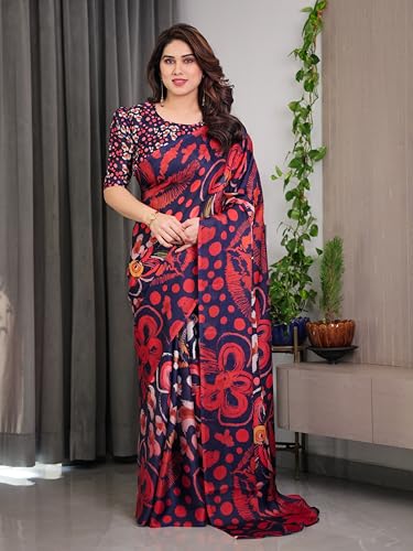Image of ALMAARI FASHION Satin Georgette Floral Printed Saree with Blouse, 5.5 Meter Saree with 0.8 Meter Blouse, Traditional (SG 114 H)