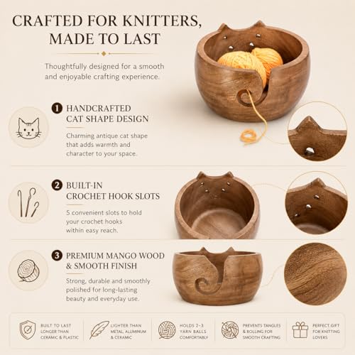 Image of Large Cat Yarn Bowl, 7 x 4 Inch Wooden Crochet Holder | Mango Wood, Holds 2-3 Yarn Balls, 5 Hook Slots, Tangle-Free, Smooth Finish, Cat Shape, Giftable