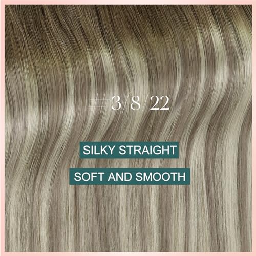 Image of Easyouth Wire Hair Extensions Ombre Wire Hair Extensions Real Human Hair Dark Brown Ombre Medium Brown Balayage Blonde Fish Line Human Hair Extension Easy to Install 14 Inch 70g