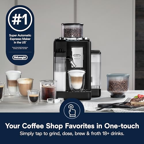 Image of De'Longhi Rivelia Automatic Espresso Machine with Grinder & Milk Frother - All-in-One Coffee Maker, Hot & Iced Latte, Cappuccino, Bean Switch System, Burr Grinder, Compact Italian Design, Black