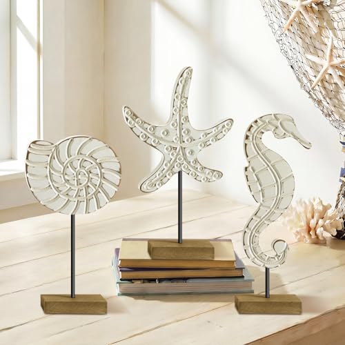 Leinuosen 3 Pcs Wooden Beach Ocean Table Decor White Neutral Coastal Table...