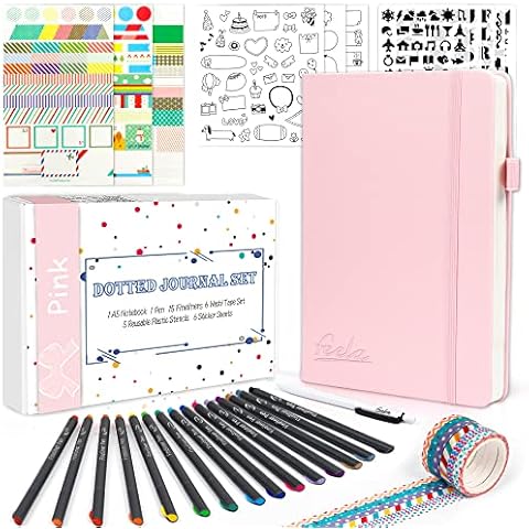 Dotted Journal Set, 224 Numbered Pages Faux Leather A5 Grid Hard Cover Pink Notebook Planner with Index Inner Pocket, Abundant Accessories for Beginners Diary Schedule by Feela Cover
