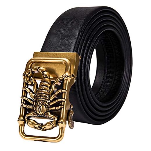Dubulle Cinto de designer masculino de couro moderno ajustável com fivela automática deslizante removível vestido casual, A - cinto escorpião dourado, Adjustable Fit 35" to 45" Waist