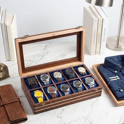 Image of Mens watch box, Watch display case, Indian Rosewood watch box organizer for men, Velvet lining glass lid, Solid Gift for Him, Made for Special Occasions (Dark brown - 10 room - 2)