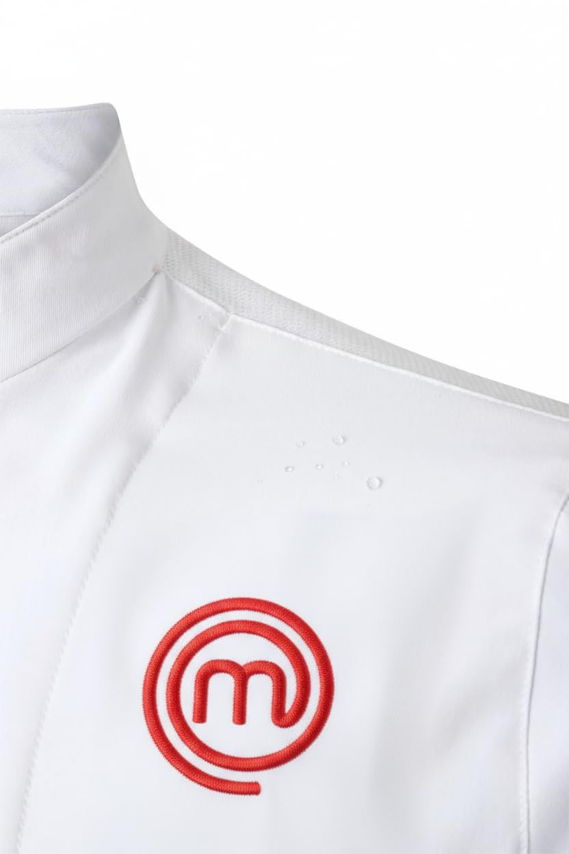 Chaquetilla Oficial MasterChef – Chaqueta de Chef Profesional Unisex, Bordada- Transpirable Coolmax®, Antibacterias, Repelente Líquidos, Tallas S-XL – Saquito Mágico
