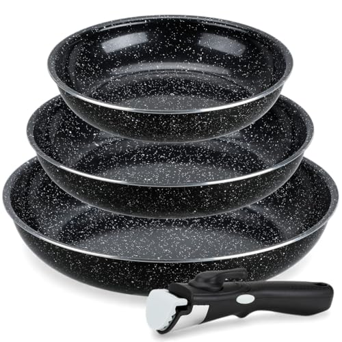 EliteHoff Juego de sartenes de 20/24/28 cm con mango desmontable, revestimiento antiadherente de mármol, sartenes de inducción para todo tipo de cocinas, fáciles de limpiar, color negro