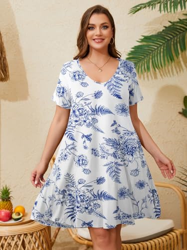 Image of ZENNILO Women's Plus Size Swing Dress with Pockets Casual Summer Dresses V Neck Short Sleeve T Shirt Dress for Women