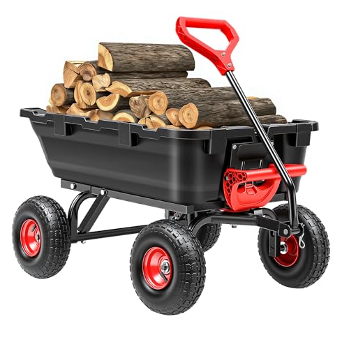 Autodaya 900LB Garden Dump Cart, 2026 Upgraded Heavy Duty Wheelbarrow Cart with 10' Non-Slip Pneumatic Tires & Quick-Release System, 4-Wheel Steel Frame Wagon for Transportation in Yard, Farm, Garden