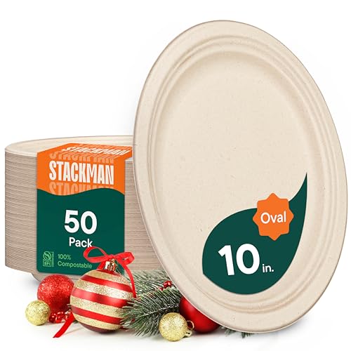 100% Compostable Oval Paper Plates [50-Pack] - {PFAS-Free} - {BPI Certified} - [10 Inch] Heavy Duty, Eco-Friendly, Biodegradable Bagasse Dinner Platters - Natural Brown 10" Oval Plates by Stack Man