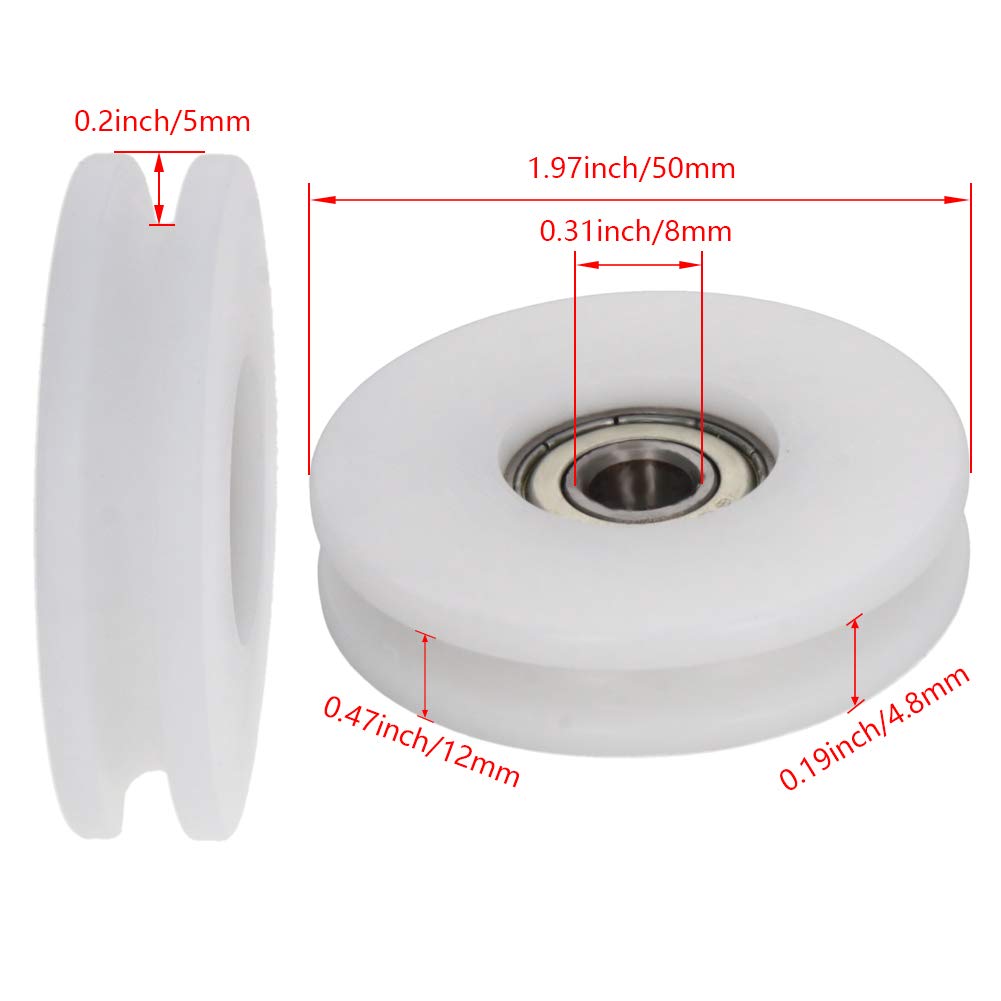 Nylon Plastic Pulley 0.31x1.97 inch U Shape Groove Wheel 0.31"x1.97"x0.47"(IDxODxT) Guide Bearing Pulley Rail Ball Wheel for Transmission Instrumentation Electrical, White 2Pcs