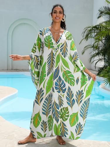 Image of IMAGEKOPE Women's Plus Size Animal Print V-Neck Batwing Kaftan Beach Dress Bathing Suit Cover-Up Loungewear