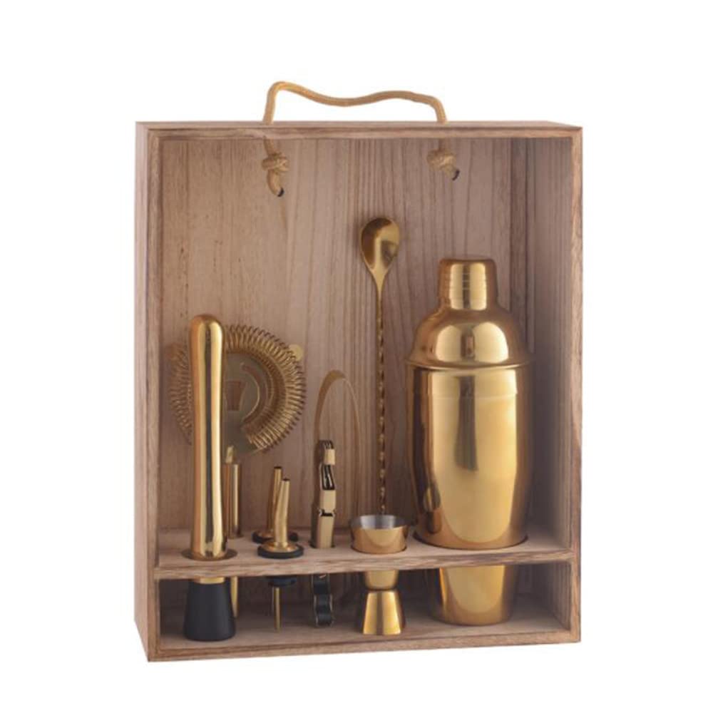 Gold Bar Tool Cocktail Kit 700Ml Acciaio Inossidabile Barista Vino Set Portabottiglie in Legno