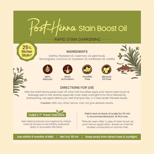 Image of Nat Habit Post Henna Stain Boost Oil For Rapid Stain Darkening, Deep Nourishment Post Henna Application, Relieving Dryness & Leaving Hair Shiny & Dark Brown, 50ml