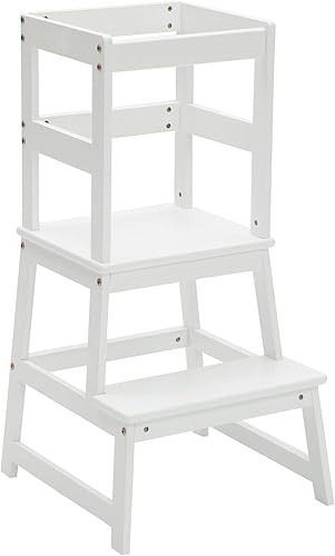 Miniatura 10 de Wiifo Taburete de cocina para niños pequeños, taburete de aprendizaje Montessori de altura ajustable, torre de pie para niños pequeños (blanco)