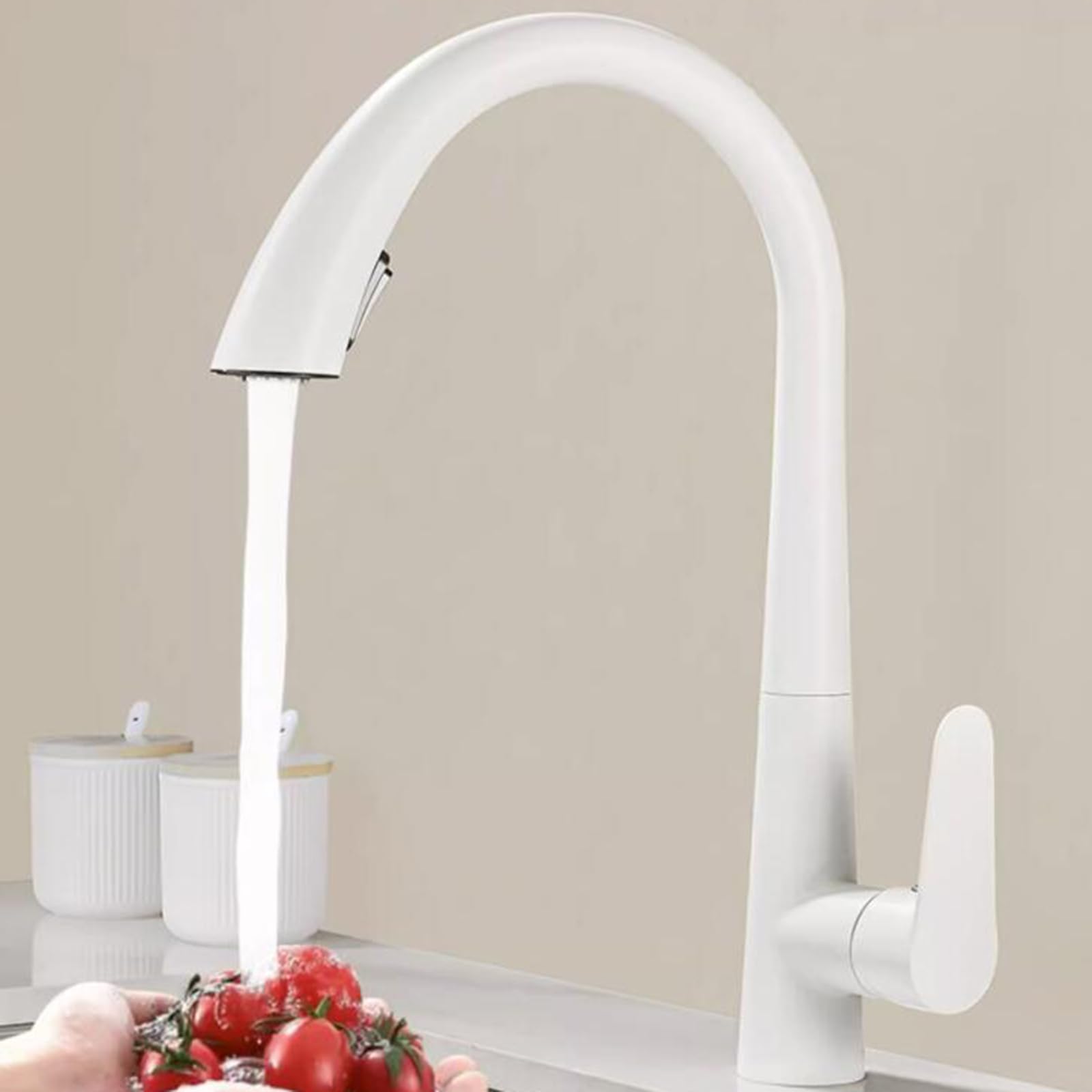 Grifo De Cocina Extraible Con Ducha, Grifo De Cocina Extensible Giratorio A 360°, Latón, Acabado Pulido, Color Blanco