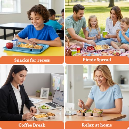 Image of 2 Pack Stainless Steel Snack Containers, 3+2 Compartment Snack boxes, Reusable Snack Containers with Lids for Adults - Leakproof Divided Metal Food Storage Bento Lunch Box for Work, Office, Travel