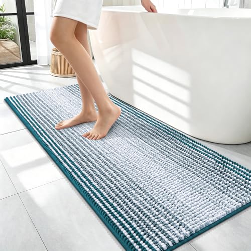Image of OLANLY Bathroom Runner Rugs 47x17, Extra Soft Absorbent Chenille Striped Bath Rugs, Rubber Backing, Machine Wash Dry, Long Bath Mats for Bathroom, Tub, Shower, Home Decor Accessories, Peacock Blue