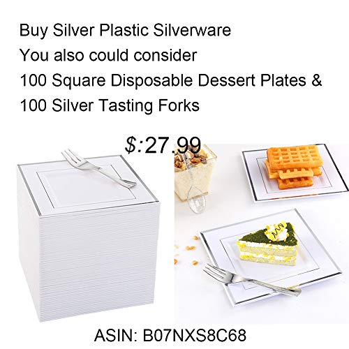 Wdf 125Pcs Silver Plastic Plates With Disposable Plastic Silverware-Silver Rim Square Plastic Dinnerware Include 25 Dinner Plates,25 Salad Plates,25 Forks, 25 Knives, 25 Spoons #TOP6